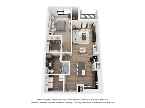 A 3D floor plan of a small apartment with one bed and one bath at the evolve at lake norman aparments in mooresville, nc.